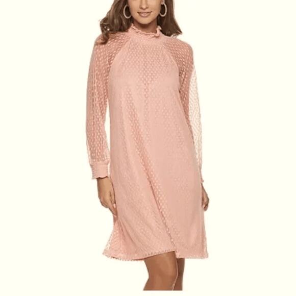 Nina Leonard Dresses & Skirts - Nina Leonard Lace Mockneck Trapeze Long Sleeve Dress in Blush Size Small